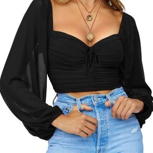 *New Remidoo Women's Puff Long Sleeve Square Neck Crop Blouse.
